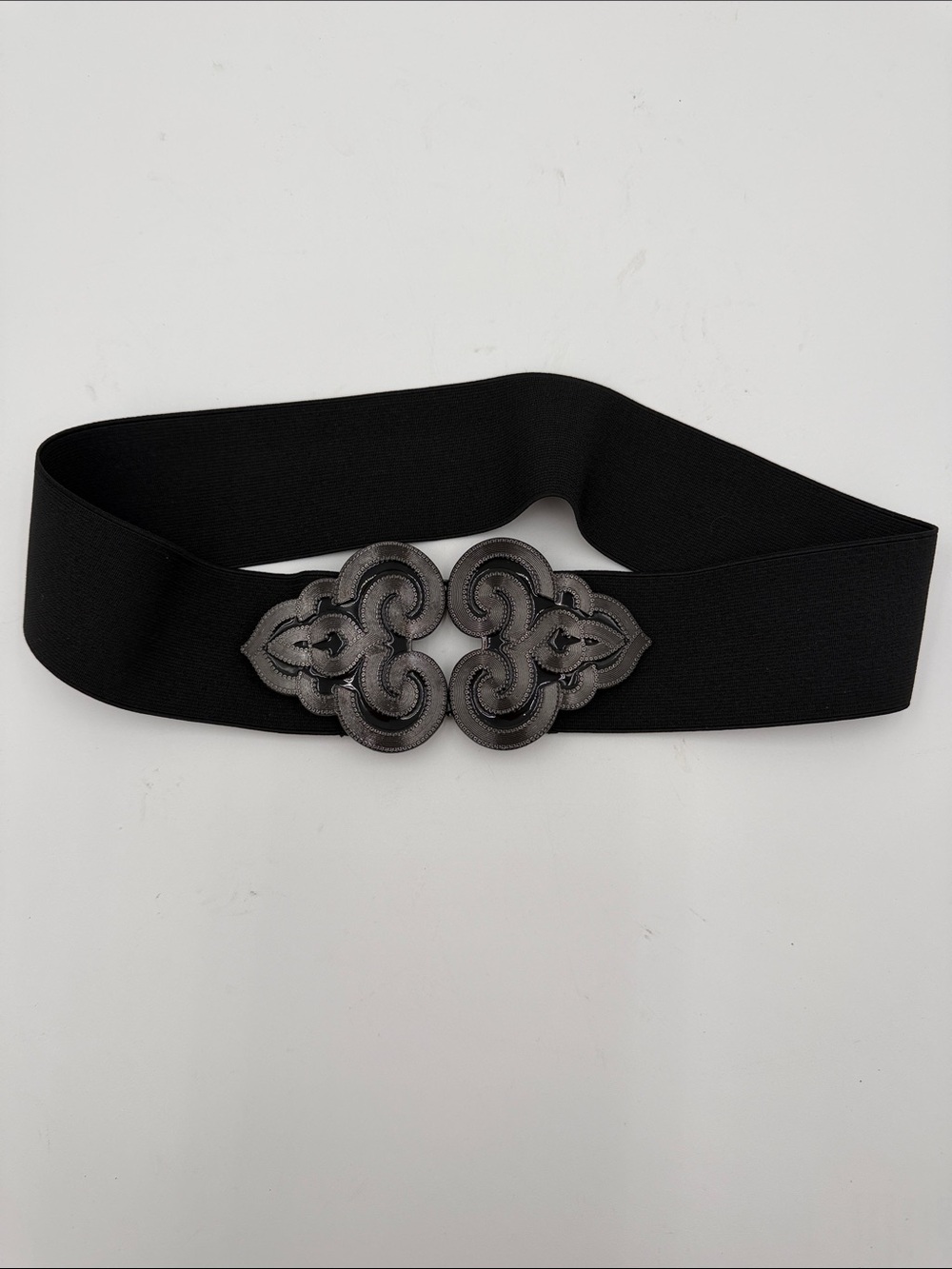 Black Elastic Waist Belt with Decorative Gunmetal Buckle
